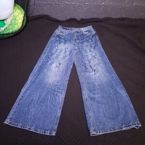 Faded Whiskered Wide Leg Jeans Light Blue Wash Gold Stitch W32 42in